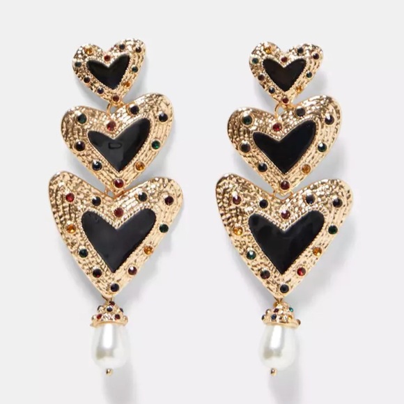 Non-Branded Jewelry - NEW Black Gold Pearl Dangle Heart Earrings